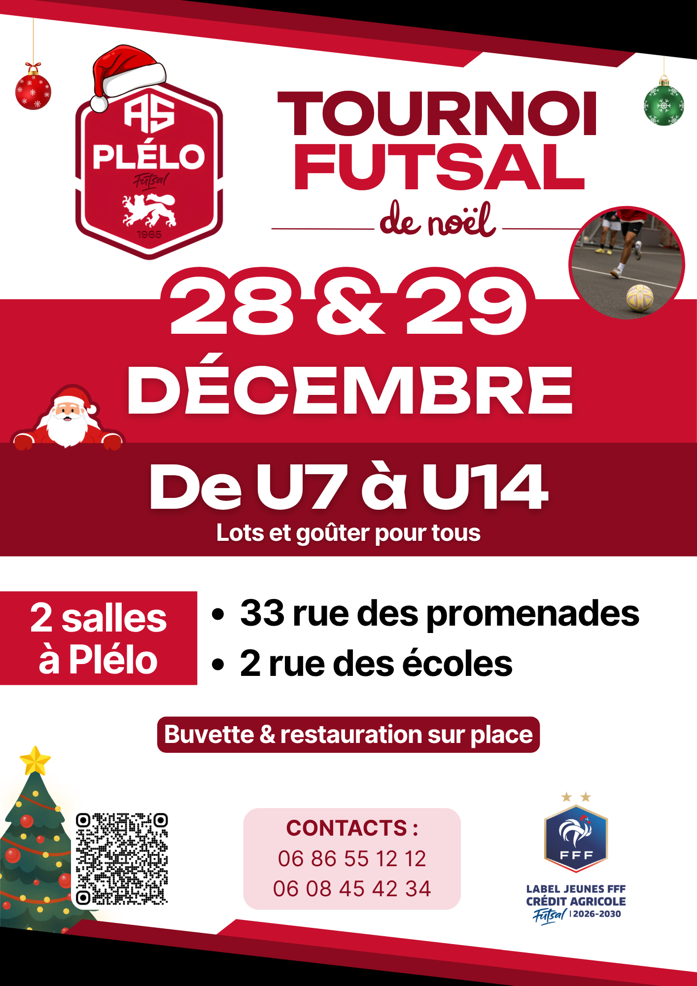 Affiche du Tournoi Futsal de Noël de l'AS Plélo – 28 et 29 décembre 2026, de U7 à U14