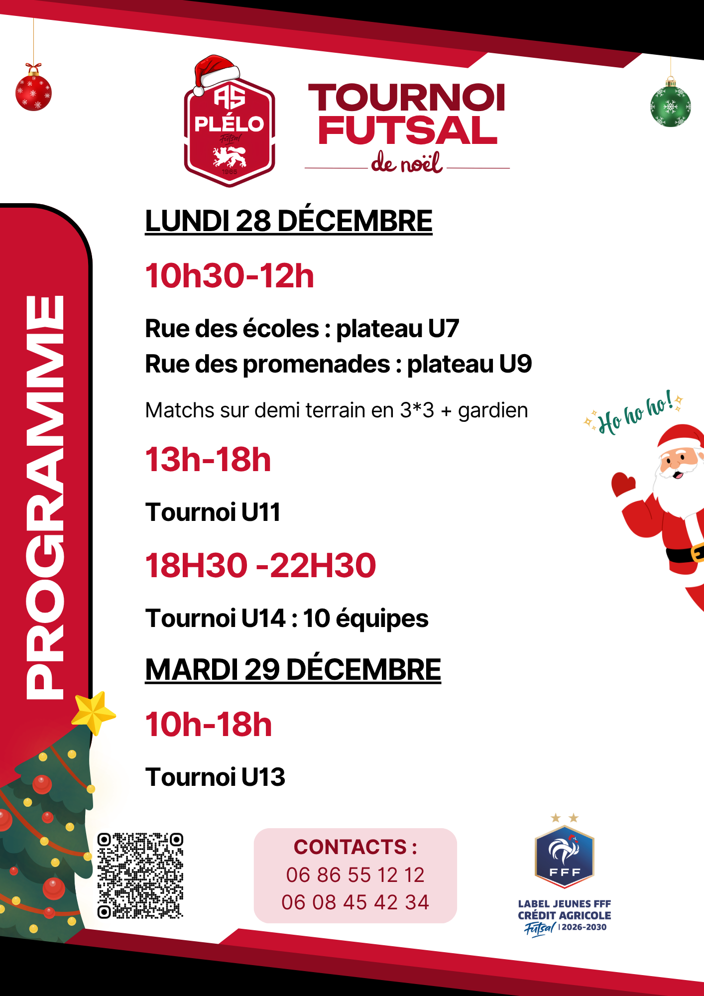 Programme du Tournoi Futsal de Noël de l'AS Plélo – plateaux U7 et U9, tournois U11, U13 et U14