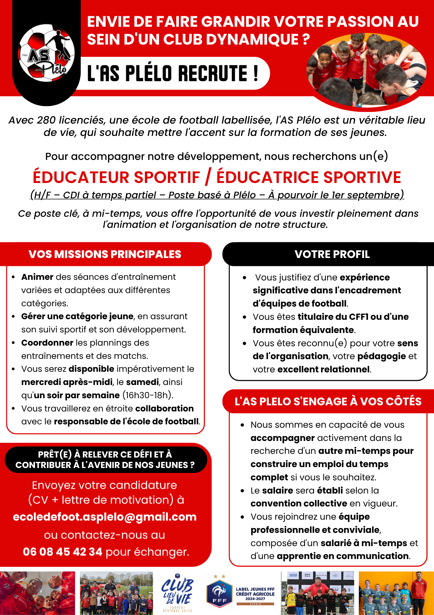 Offre d'emploi éducateur sportif AS Plélo